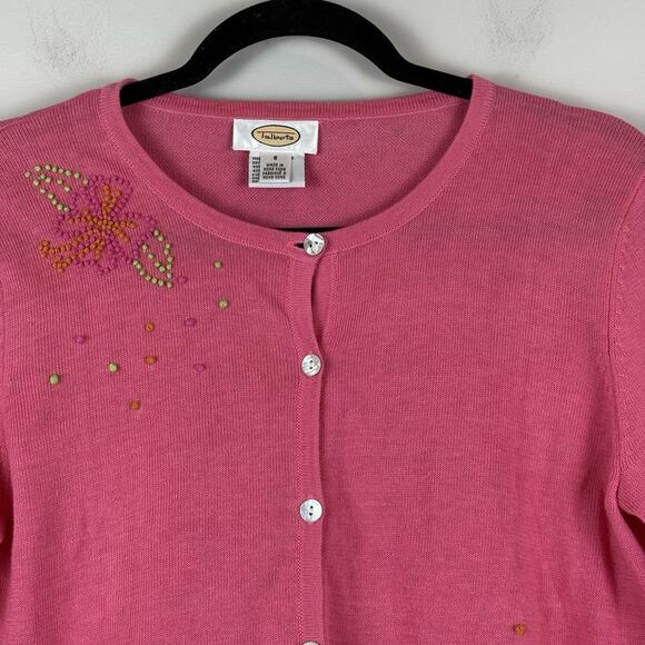 Vtg Talbots Cardigan Sweater Womens 8 Pink Pineapple Embroidery Cottage Granny - Picture 2 of 9